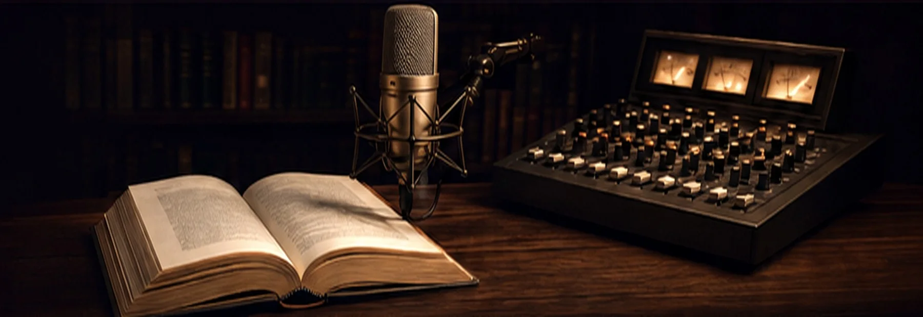 Libro abierto, micrófono y mesa de sonido en un estudio de producción de audiolibros
